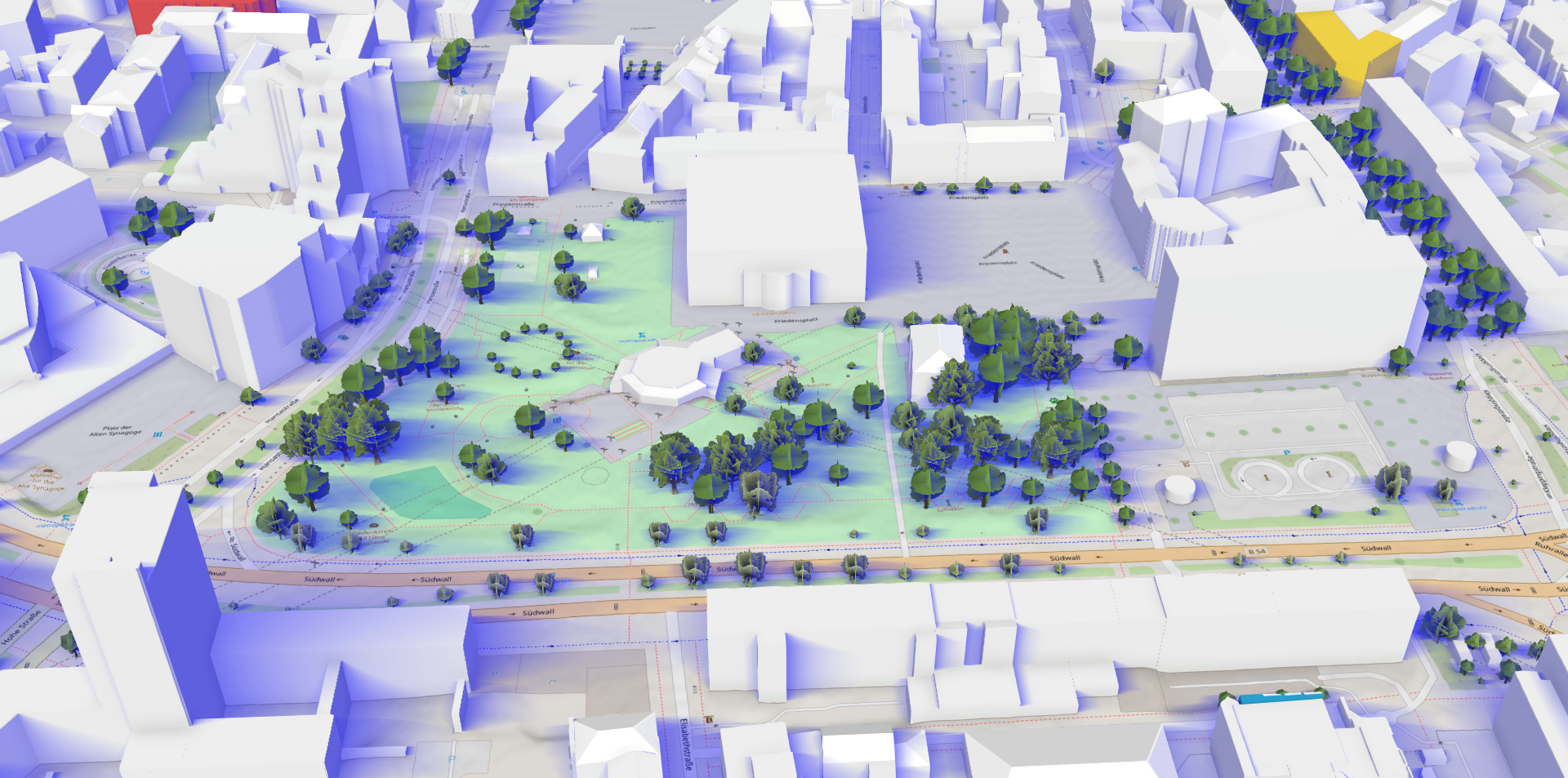 Screenshot aus der 3D-Schattenkarte: Schrägansicht des Schattenwurfes auf den Dortmunder Stadtgarten.